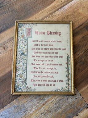 Vintage 1940’s House Blessing Framed Art Print in Gold and Cream